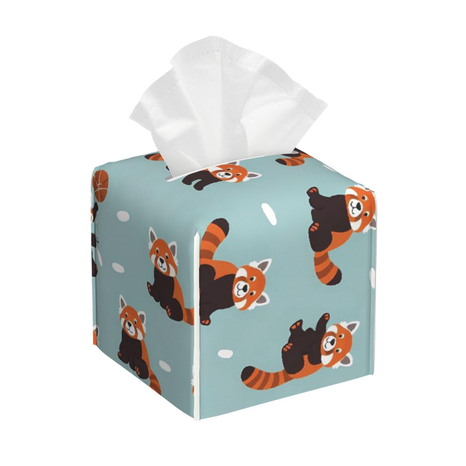 Red Panda Leather Tissue Box Cover Holder Square Facial Paper Organizer 5.2" X 5.2" X 5.2"
