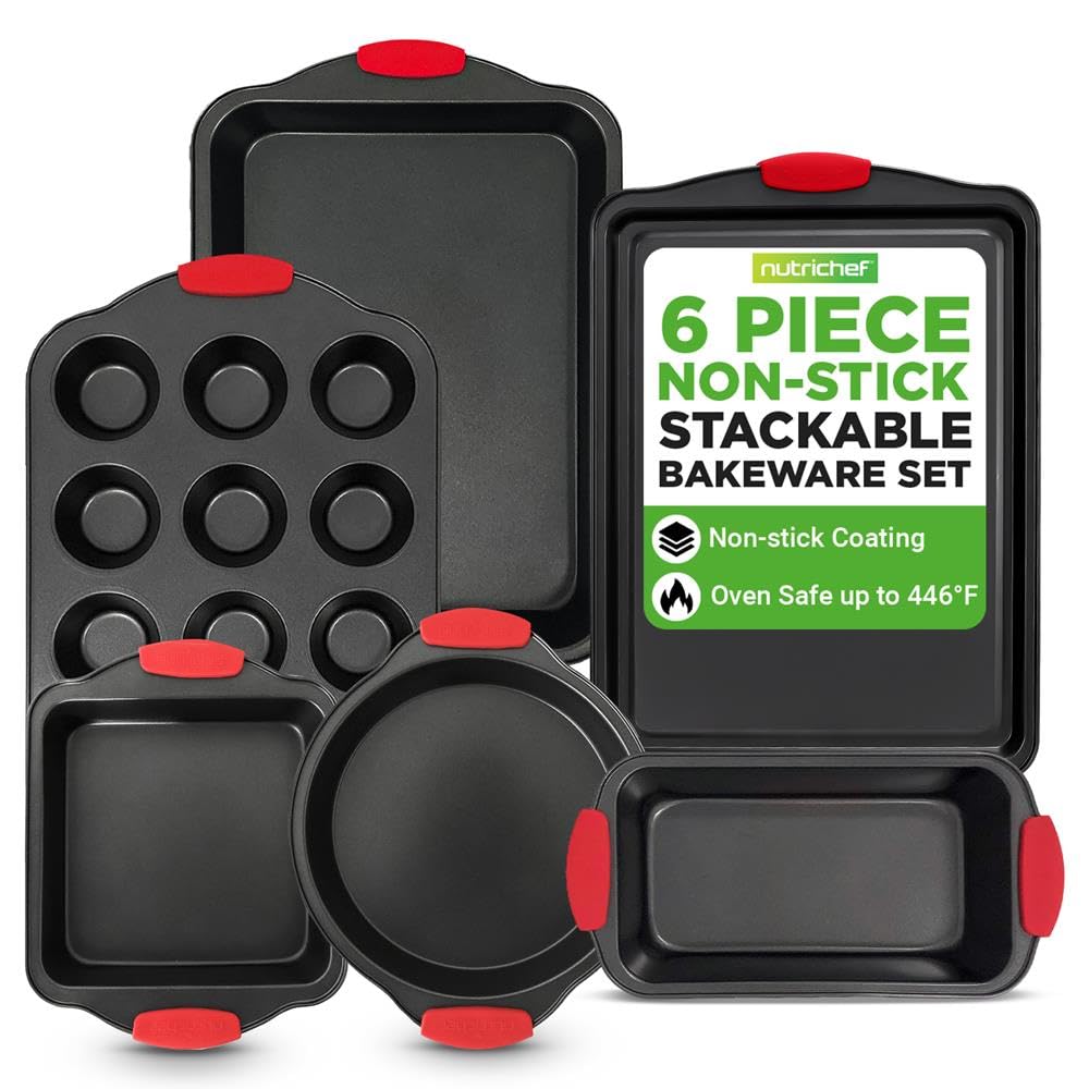 NutriChef Juego de bandejas para horno antiadherentes, juego de 6 bandejas de horno, incluye bandejas de galletas para hornear, molde para pan, moldes para magdalenas, molde para pasteles, negro con