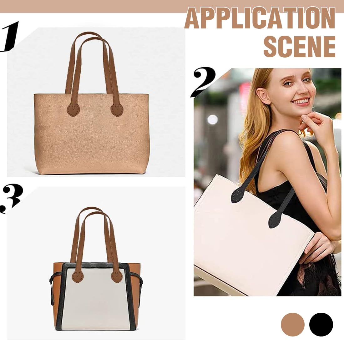 4 Manijas de Cuero para Bolsos y Accesorios, Manija de Correa de Cuero Genuino, Correas de Repuesto (Negro + Marrón)