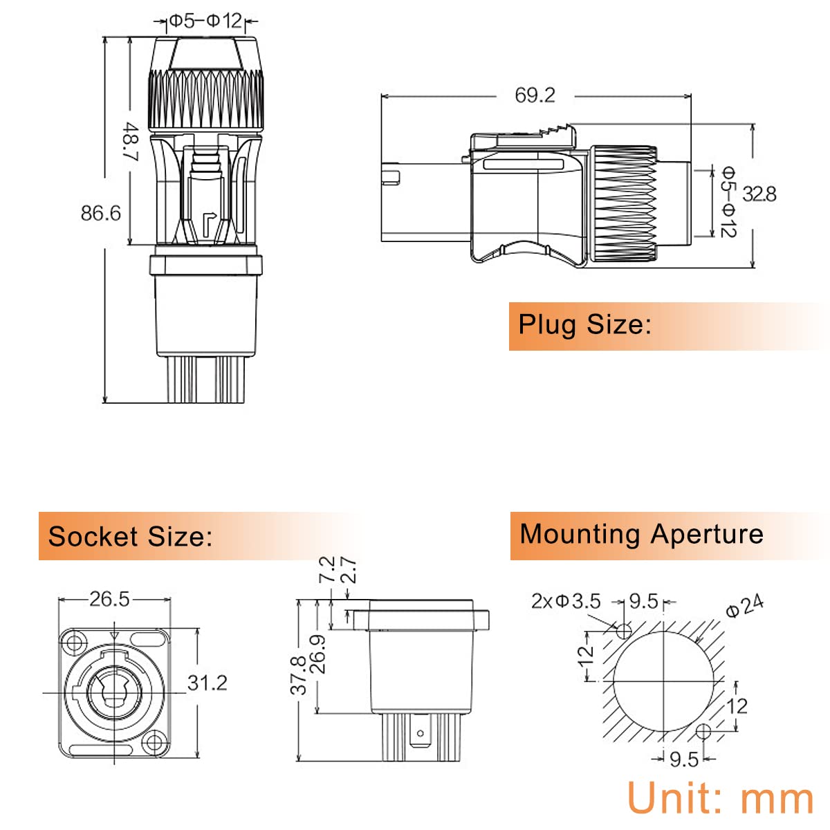Câble adaptateur secteur 20A broche scène mâle vers PowerCon True1