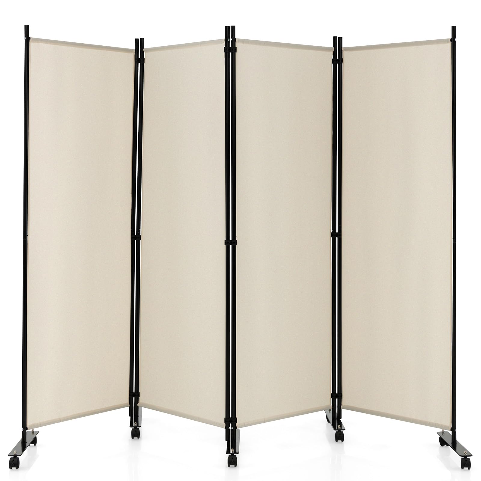 LIFEZEAL Divisorio a 4 Pannelli, Separè per Interno, Esterno, Paravento Mobile, Pieghevole, Parete Divisoria, Telaio in Metallo, con 10 Ruote, Protezione di Privacy, Separatore di Spazio (beige)