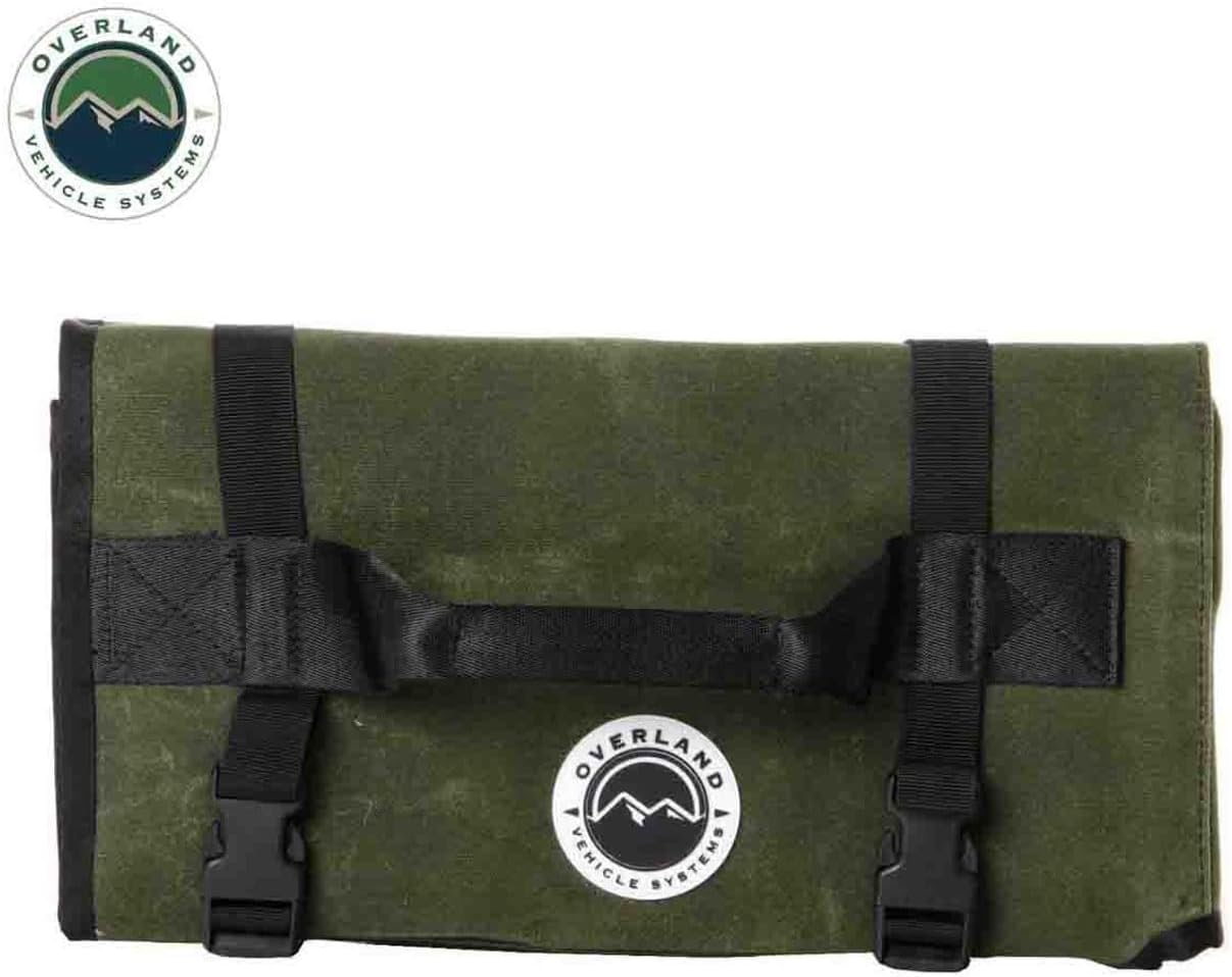 (Similar to stock photo) Overland Vehicle Systems Rolled General Tool Storage Bag - #16 Military Style Waxed Canvas - 19 Storage Pockets - Infused with Paraffin Wax Waterproofing Large Green