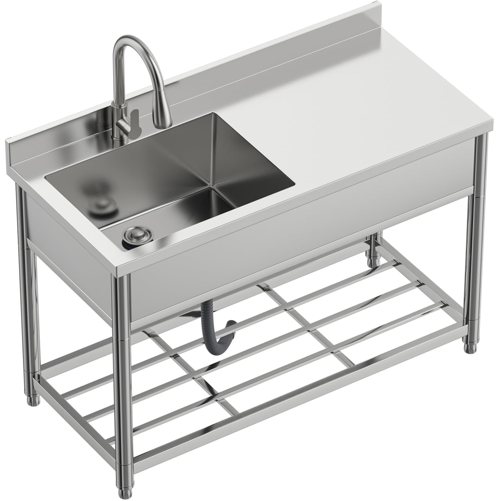 Freistehende Edelstahl Spültisch Gastro mit Werkbank, Gewerbliche Küchenspüle mit Ausziehbarem Wasserhahn, Outdoor Spüle für Küche Garage Waschküche Restaurant, 55T x 120B x 94H cm