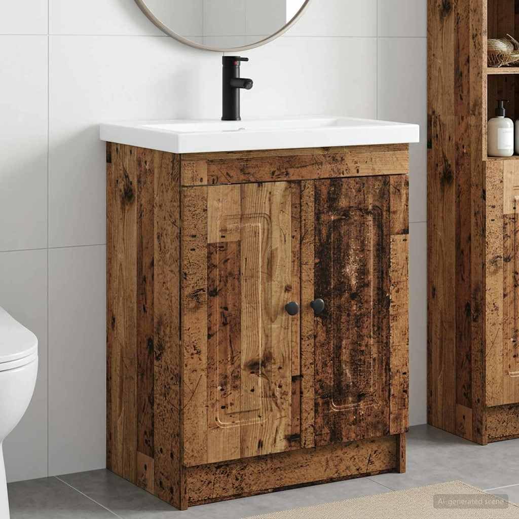 Set di mobili da bagno in legno anticato, 78,5 x 37,5 x 81 cm, in legno con lavabo, lavandino, armadietto sottolavello, armadietto per ristrutturazione del bagno
