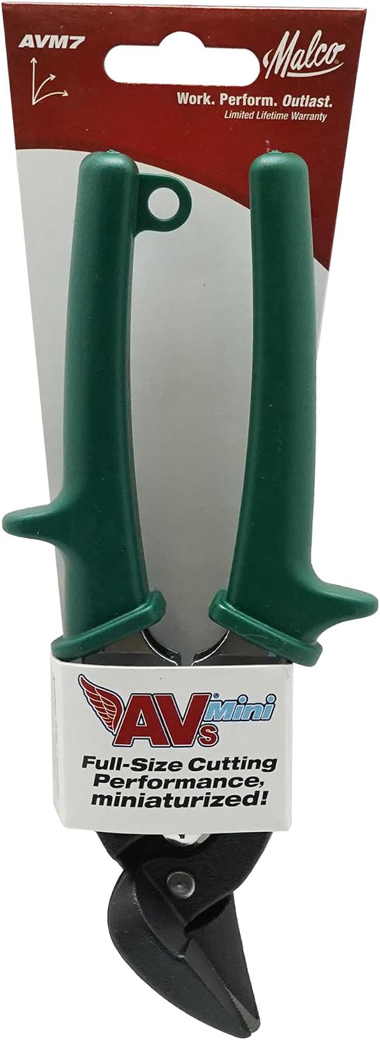 Malco AVM7 Mini Aviation Snips | Right & Straight Cutting Offset Design | Compact 7-1/8" Length for Tight Spaces | 24-Gauge Capacity | 3/4" Cut Forged Steel Jaws | Green Handle
