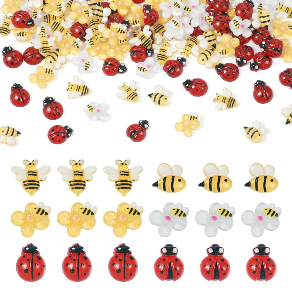 Cheriswelry 120Pcs 6 Styles Resin Insect Cabochons Bees Ladybugs Flower Flat Back Cabochons Embellishments for Scrapbooking Hair Clips DIY Jewellery Crafts