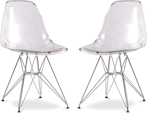 Sillas de comedor Tower de plástico y acero cromado de 17 pulgadas en transparente (juego de 2)