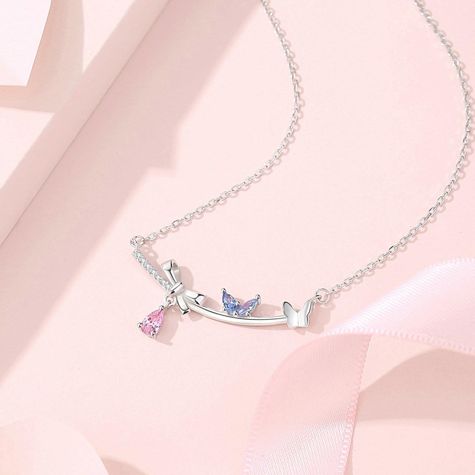 Collana in Oro 9/14/18 Kt Donna, Fiocco Farfalla con Sintetico Rosa Zaffiro e Topazio Moissanite Collana Ciondolo 375/585/750 Oro Bianco, 40+5cm