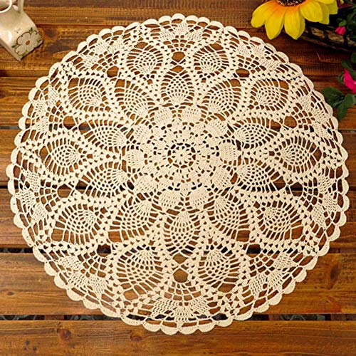 display08 60cm Cotton Lace Hand Crochet Round Lace Hollow Out Tablecloth Wedding Dining Table Cloth Cover Desktop Decor Beige 60cm