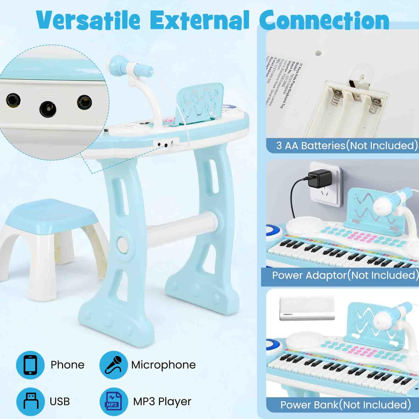 KOMFOTTEU Clavier 37 Touches Enfants 18 Mois+, Lumière et Microphone, Bleu