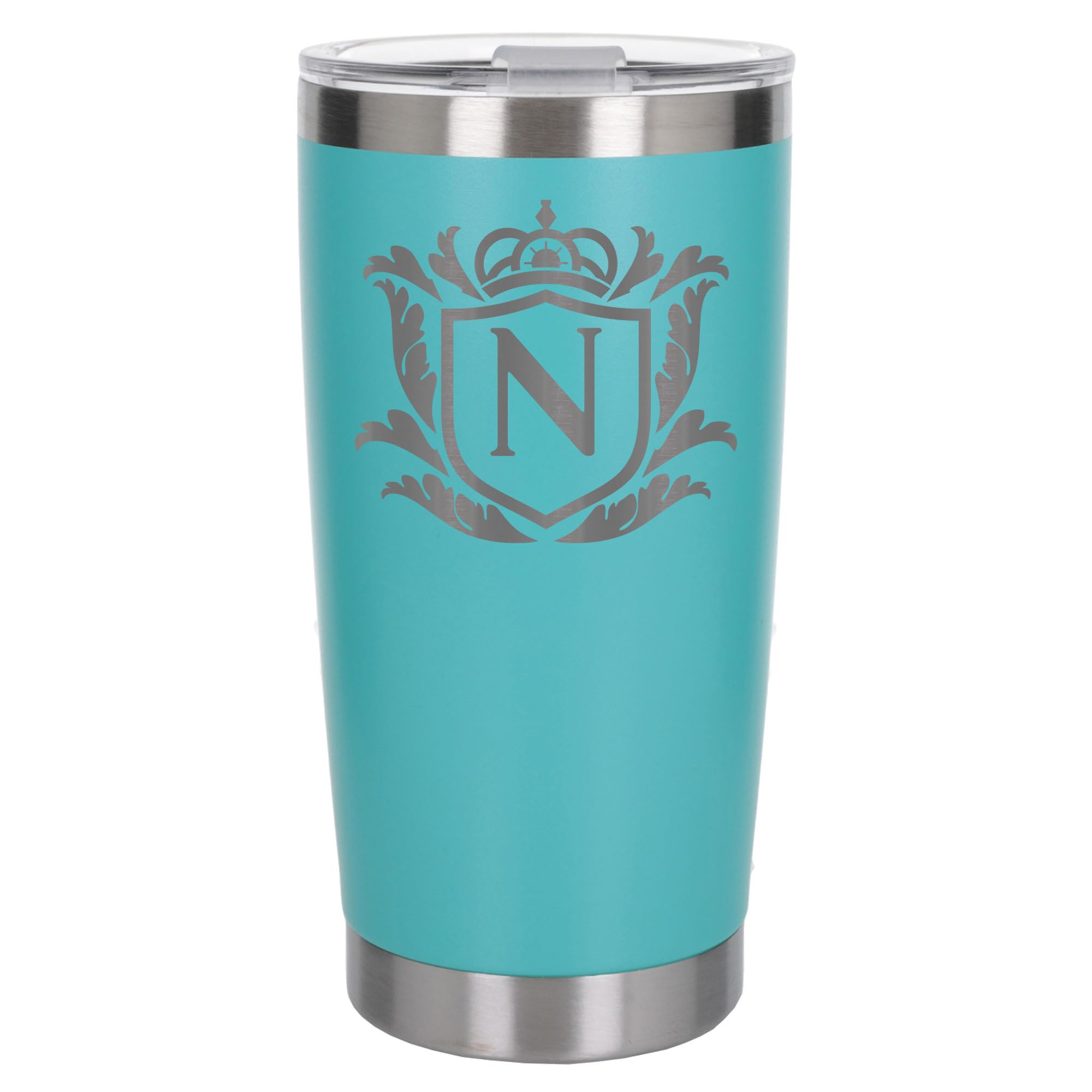 Customised Gifts 500ml Engraved Shield Initial Monogram Insulated Personalised Turquoise Travel Mug for Men and Women - Personalised Initial Coffee Travel Mug for Hot and Cold Beverages, Letter N