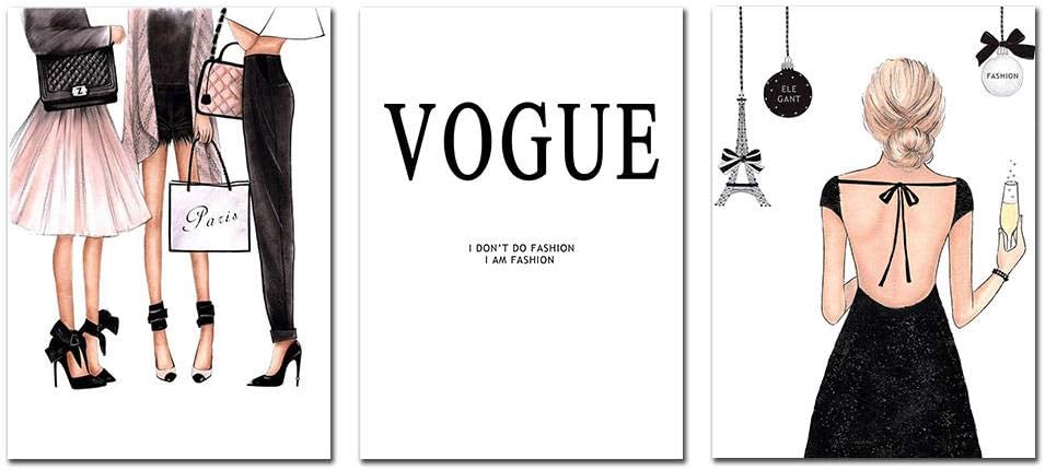 HNZK Fashion Girl Canvas Poster Vogue Modern Paris Wall Art Paintings Vogue Poster Modern Wall Pictures For Living Room Home Decor 40x60cmx3/Unframed