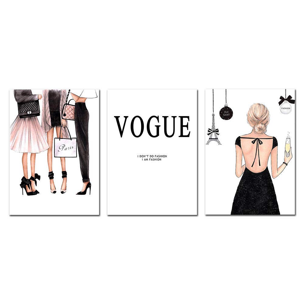 HNZK Fashion Girl Canvas Poster Vogue Modern Paris Wall Art Paintings Vogue Poster Modern Wall Pictures For Living Room Home Decor 40x60cmx3/Unframed