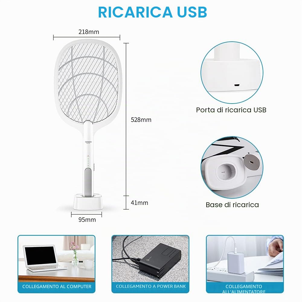 DANGZW Racchetta Zanzare Elettrica, 2 in 1 4000V USB Ricaricabile Mosquito Killer & Elettrico Swatter Zapper con Base di Ricarica per Casa Giardino Campeggio