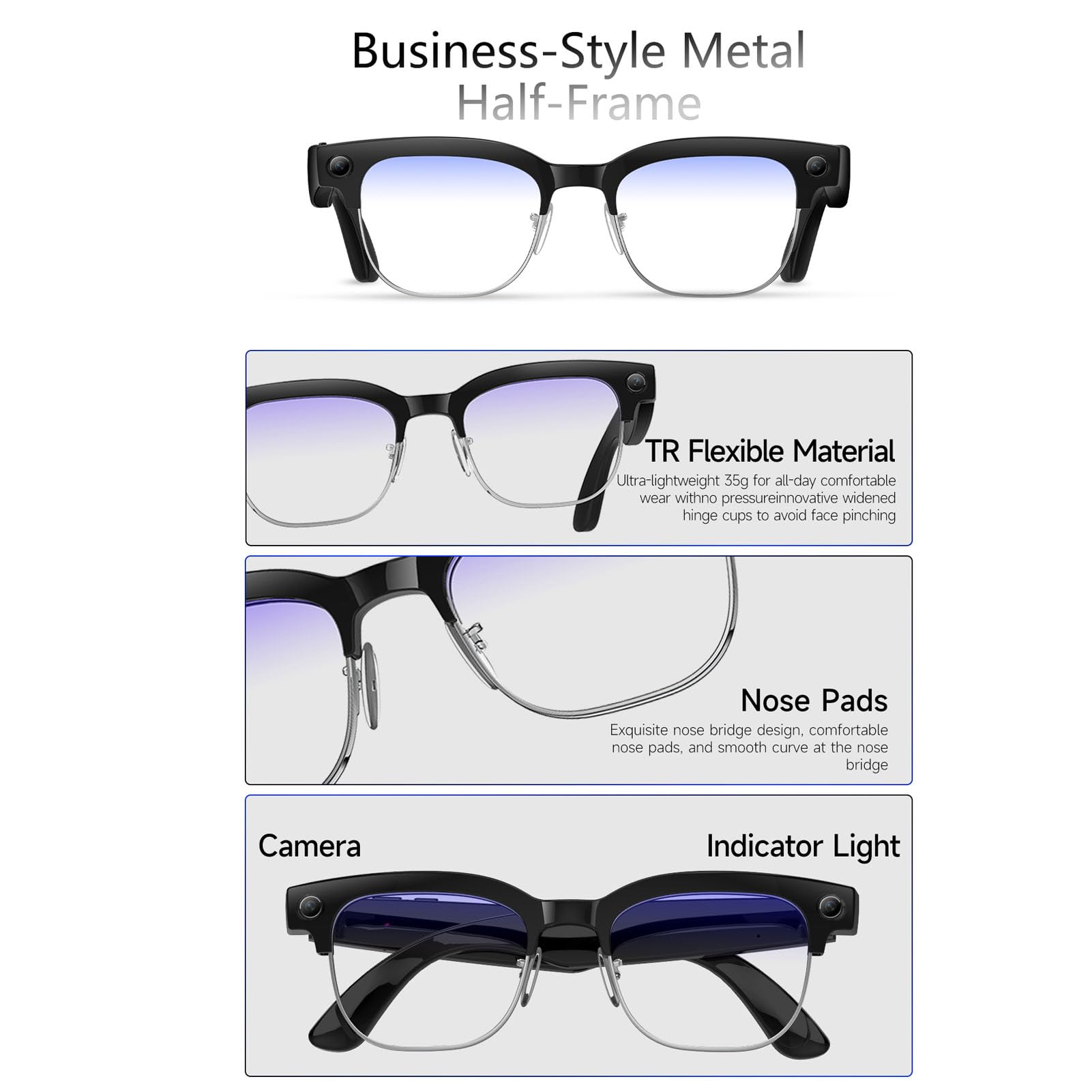 Asixxsix Lunettes Intelligentes AI, Bluetooth 5.3, Caméra 8 MP, Traduction Vidéo 1080P en Temps Réel, Transfert Rapide WiFi intégré, avec Lentilles Photochromiques, pour Hommes Femmes
