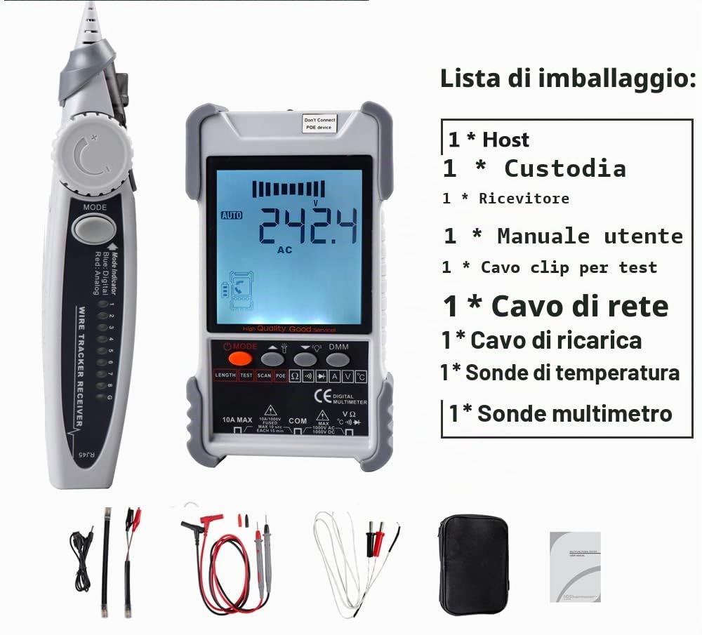 KALEA-INFORMATIQUE Tester di rete e multimetro digitale professionale LCD RJ45 RJ11: mappatura, continuità, lunghezza, POE, tensione, localizzazione, torcia, tensione CC CA, temperatura, diodi