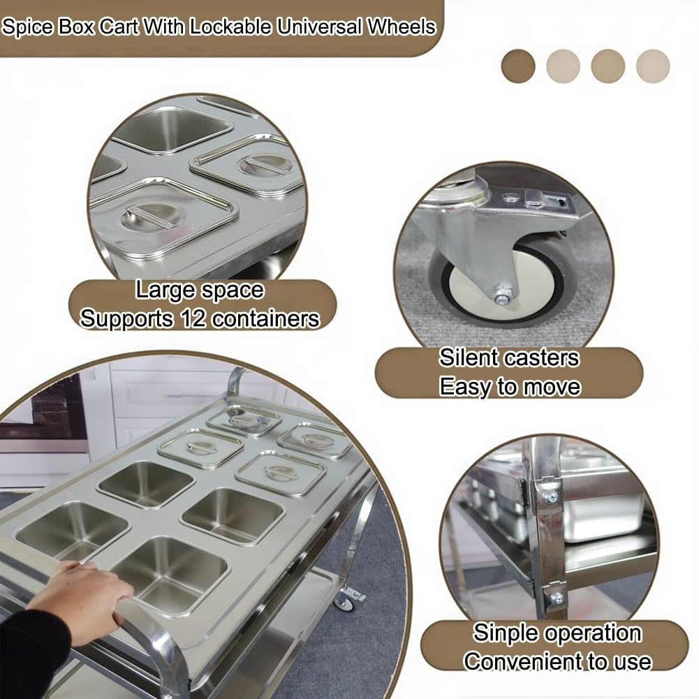 XPLKQXE Carrello per Spezie in Acciaio Inox con 8 Vaschette per Alimenti | Tavolo Da Lavoro Mobile A 3 Ripiani Con Ruote Bloccabili, Acciaio Inox Spessore 0,6 Mm(95x49x93cm)