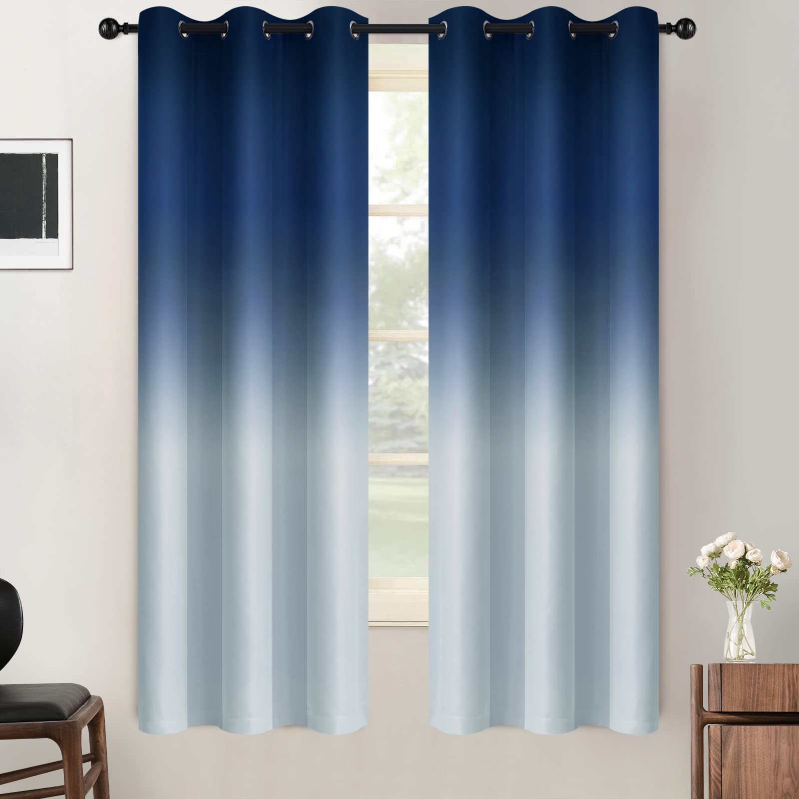 SimpleHome Ombre Room Darkening Curtains for Living Room, Light Blocking Gradient Blue to Grey White Thick Thermal Insulated Grommet Window Curtains/Drapes for Bedroom, 2 Panels, 42x63 inches Length — image 1