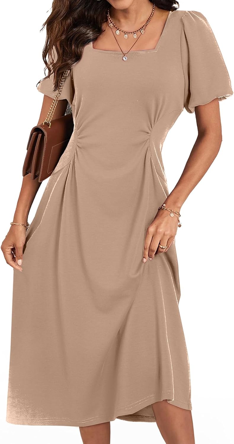 Happy Sailed Women’s Summer Short Sleeve Square Neck Ruched Waist Flowy A Line Midi Cocktail Party Dress