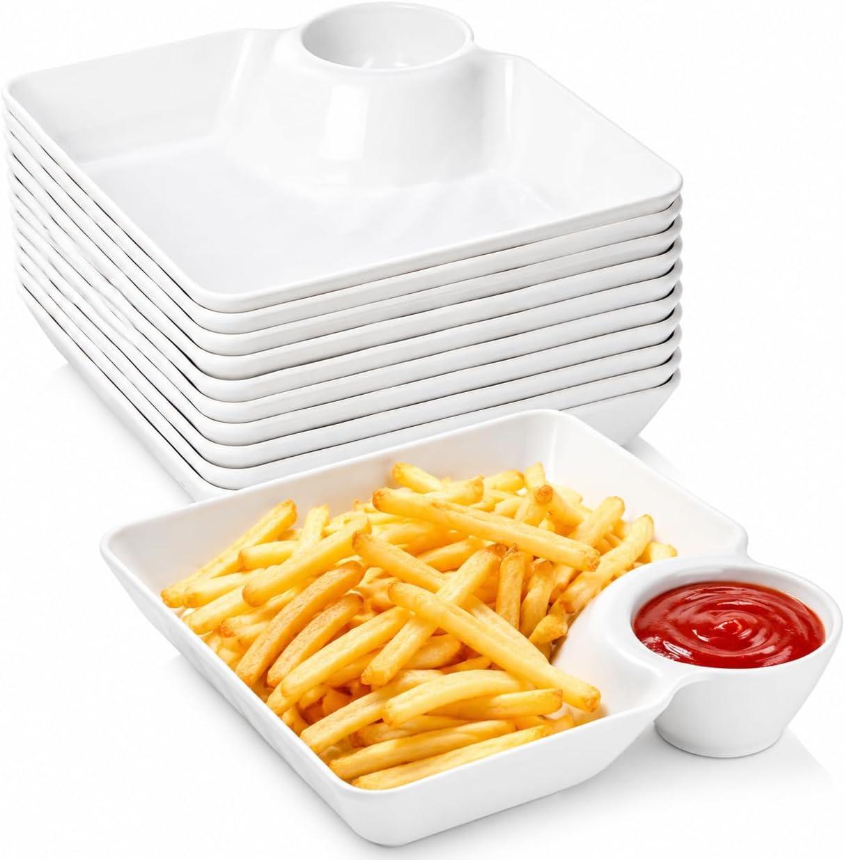 Zimtty 10-Piece Plastic Chips and Dip Plates Set - Divided Serving Platter with Dipping Saucer - White Snack Dishes for Appetizer Sushi Taco Salsa Charcuterie - Reusable
