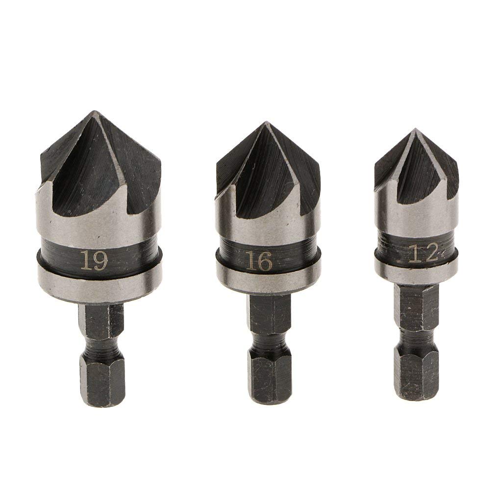 KP2® 3 Pieces Countersink Drill Bit Set, 1/4 Inch Hex Shank 5 Flute 90 Degree Woodworking Chamfer Drilling Tools Countersink Bits, ø12mm / 16mm / 19mm