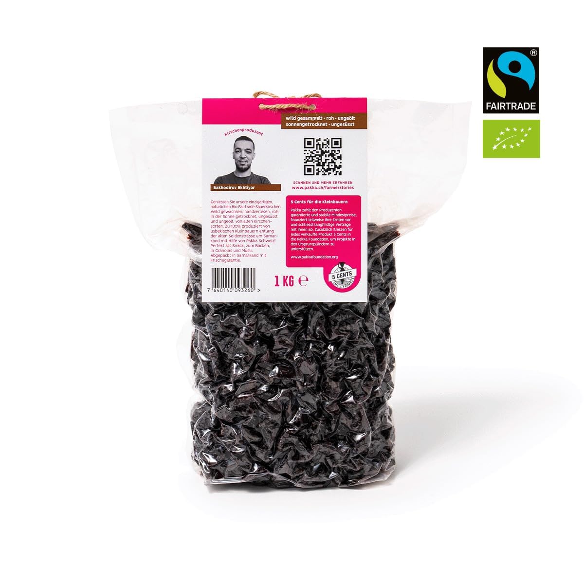PAKKA - Cerezas ácidas secas premium ecológicas de comercio justo, sin azúcar añadido, recolectadas de forma silvestre directamente por pequeños agricultores de Samarcanda, Uzbekistán, veganas (1 kg)