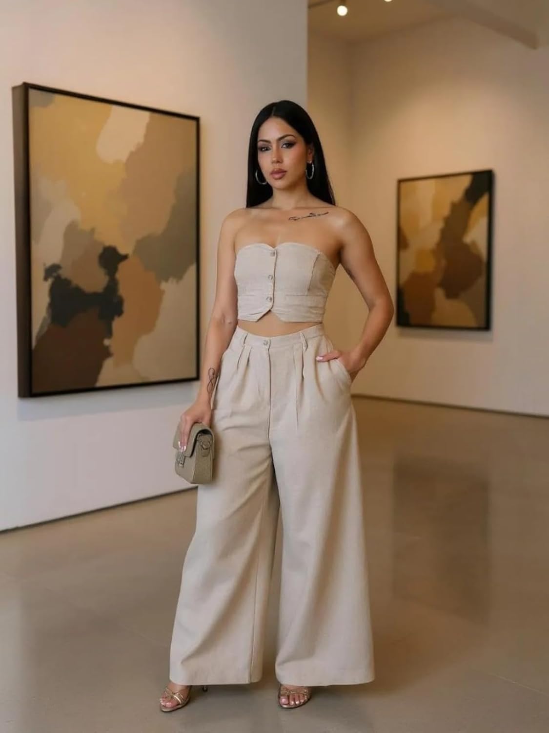 Akmipoem 2 Piece Sets for Women Summer Strapless Crop Top High Waist Wide Leg Pants Matching Outfits - Image 5