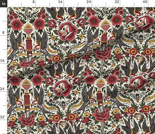 Spoonflower FI-F86-D13889476-FQ Fabric - Vintage Tattoo Traditional Old School Floral Printed thumb #1