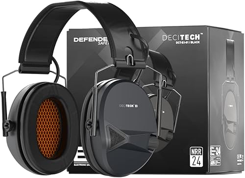 Defender Safety Decitech E1 - Protección auditiva activa electrónica, disparo, rango, caza, orejeras tácticas, 24 NNR clasificado.