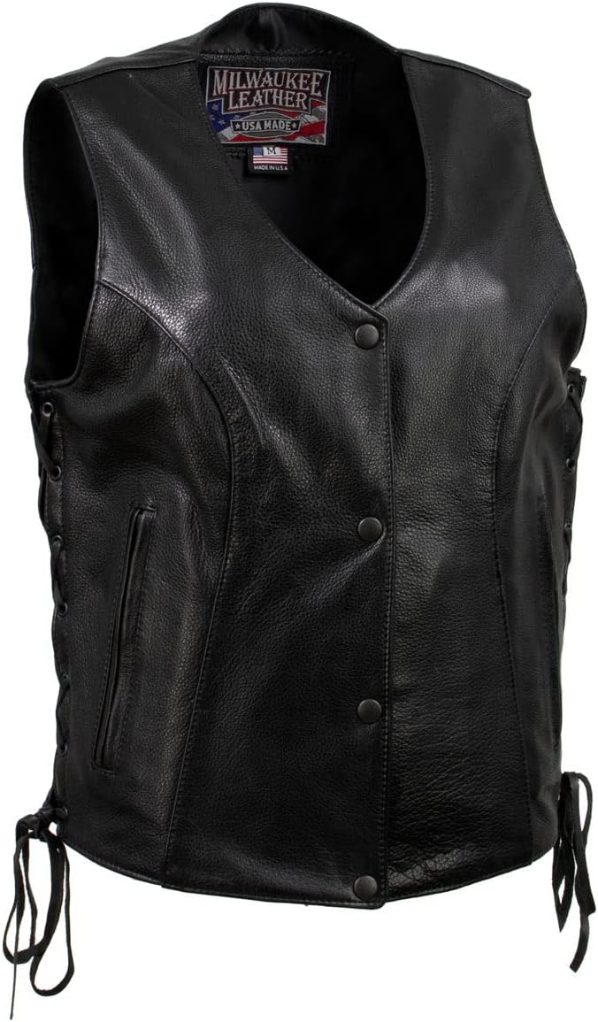 Milwaukee Leather USA MADE MLVSL5002 Women's Black Kitten Leather Motorcycle Vest with Side Laces