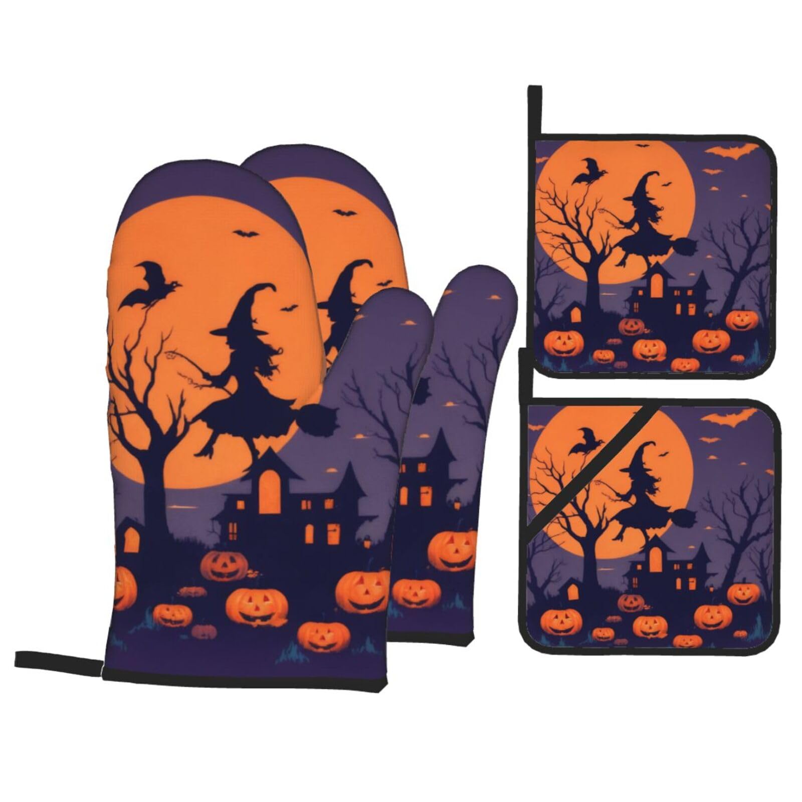 Halloween Witch Flying Oven Mitts and Potholders Sets of 4,Anti-Skid,Heat-Resistance Up to 500°f,Microwave Baking Oven Gloves,Chef Kitchen Cooking