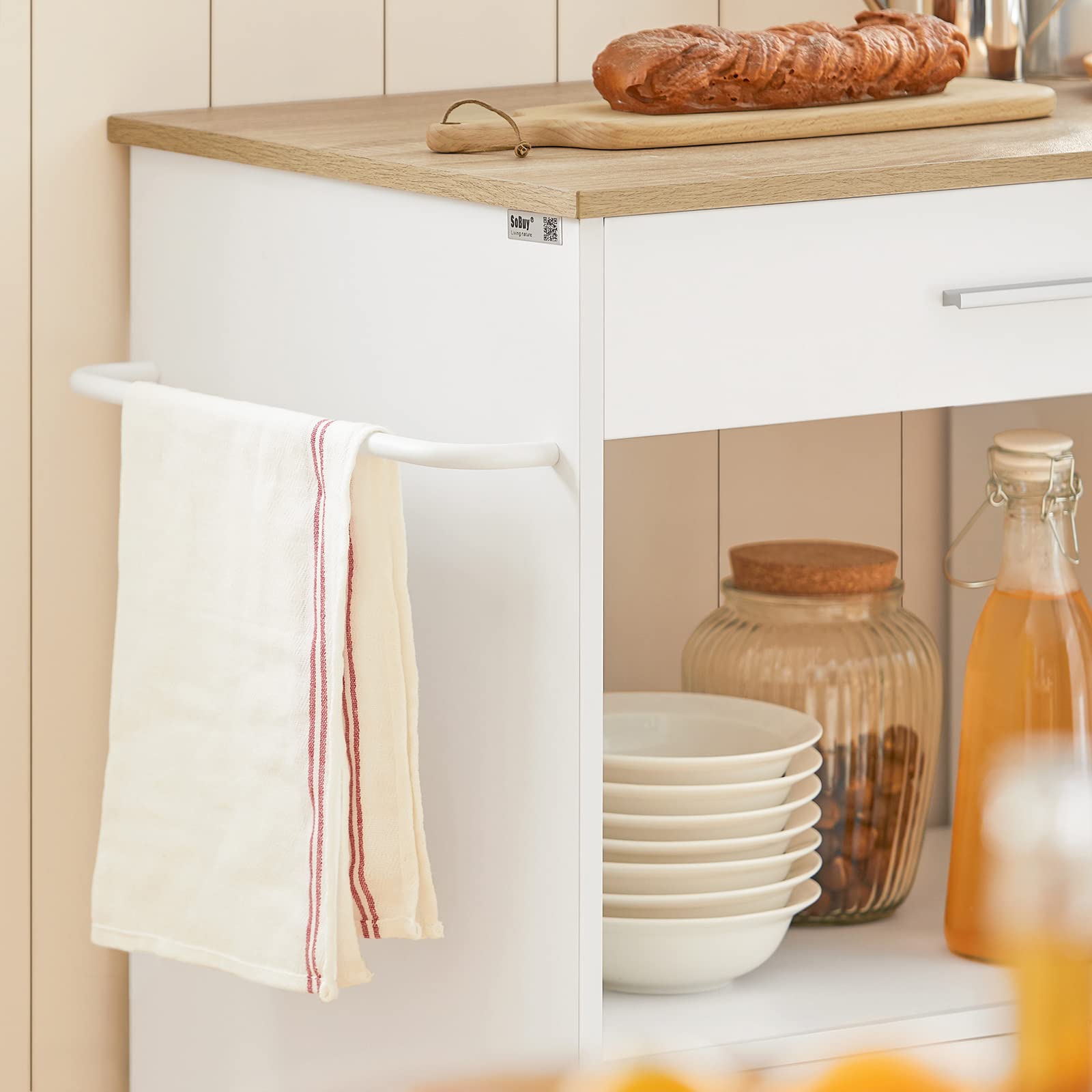 SoBuy FKW113-WN Wyspa kuchenna Stolik Barek Kuchenny Wózek Barek Mikrofalową na Kółkach Szafka Mobilna Kredens (Biały)