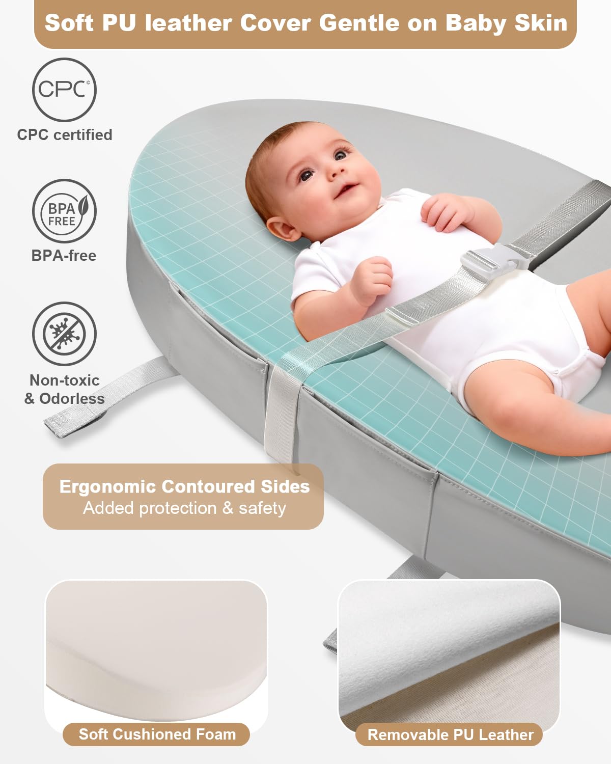 Fasciatoio con copertura in poliuretano lavabile e impermeabile, 80 x 40 x 10 cm, tappetino fasciatoio per comò con cintura di sicurezza anti-rotolamento e antiscivolo, portatile, leggero