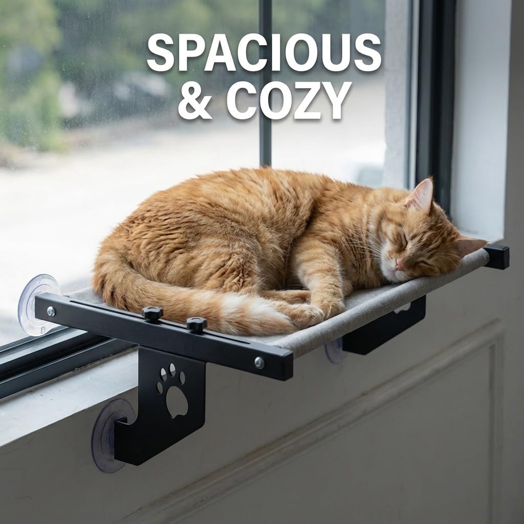Cat Window Perch with Padded Cushion, Black Metal Frame with Paw Print Design, Suction Cup Mount or Easy to Adjust Cat Bed for Windowsill, Bedside, Drawer and Cabinet