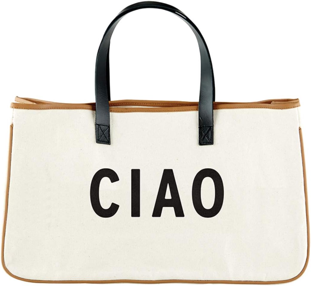 SANTA BARBARA DESIGN STUDIOTote Bag Hold Everything Collection Black and White 100% Cotton Canvas with Genuine Leather Handles, Large, Ciao