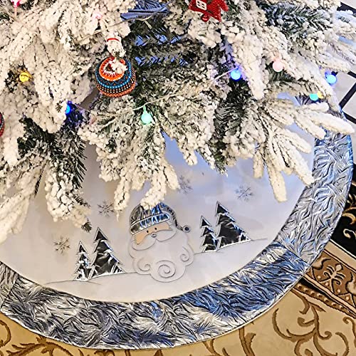 Wewill 36'' Luxury Silvery Christmas Tree Skirt Santa Embroidered White Santa Claus Snowflake With Satin Border Xmas Tree Skirt Christmas Tree Ornaments Gifts #TOP19