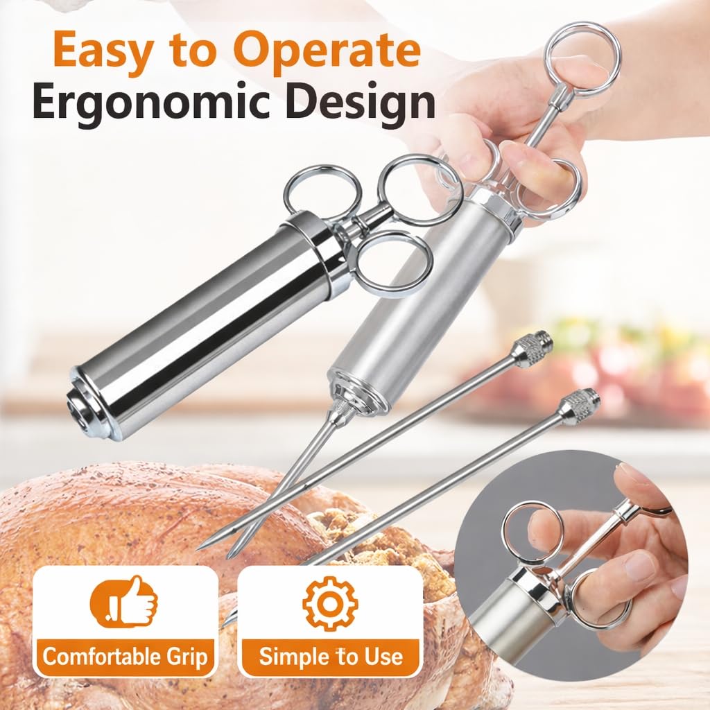 Iniettore per carne in acciaio inox 60 ml con 3 aghi siringa per marinata barbecue