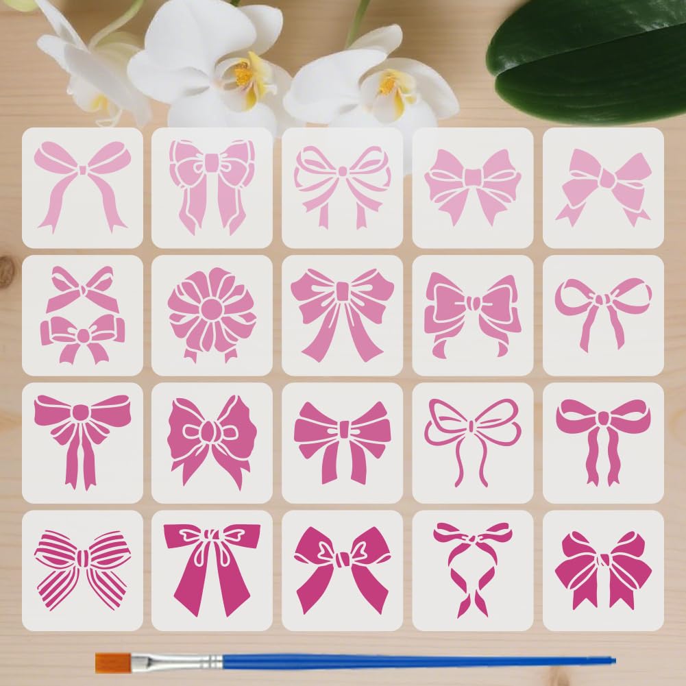 FINGERINSPIRE 20PCS Bow Painting Stencil 10x10CM Bowknot Stencils 20 Style Bow Ribbon Template Reusable Plastic Stencil with a Brush for DIY Crafts Wall Decor Scrapbooking