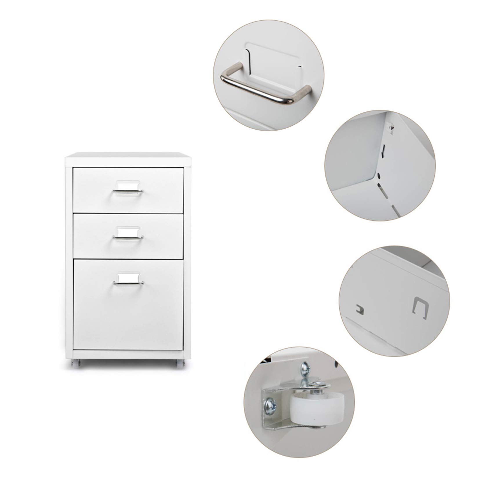 Aktenschrank aus Metall mit 3 Schubladen, Abnehmbarer mobiler Aktenschrank aus Stahl mit 4 Rollen, 11" B x 16,1" T x 18,9" H (Weiß)