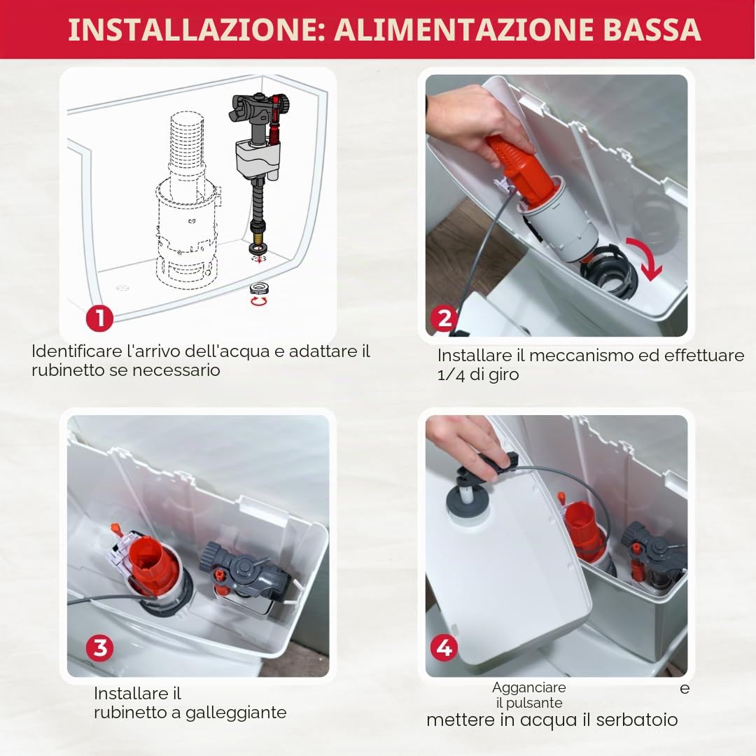Wirquin 10723598 Caccia d'acqua wc completo meccanismo wc doppio caccia MW2 & rubinetto galleggiante a doppia alimentazione Doblo, grigio e rosso