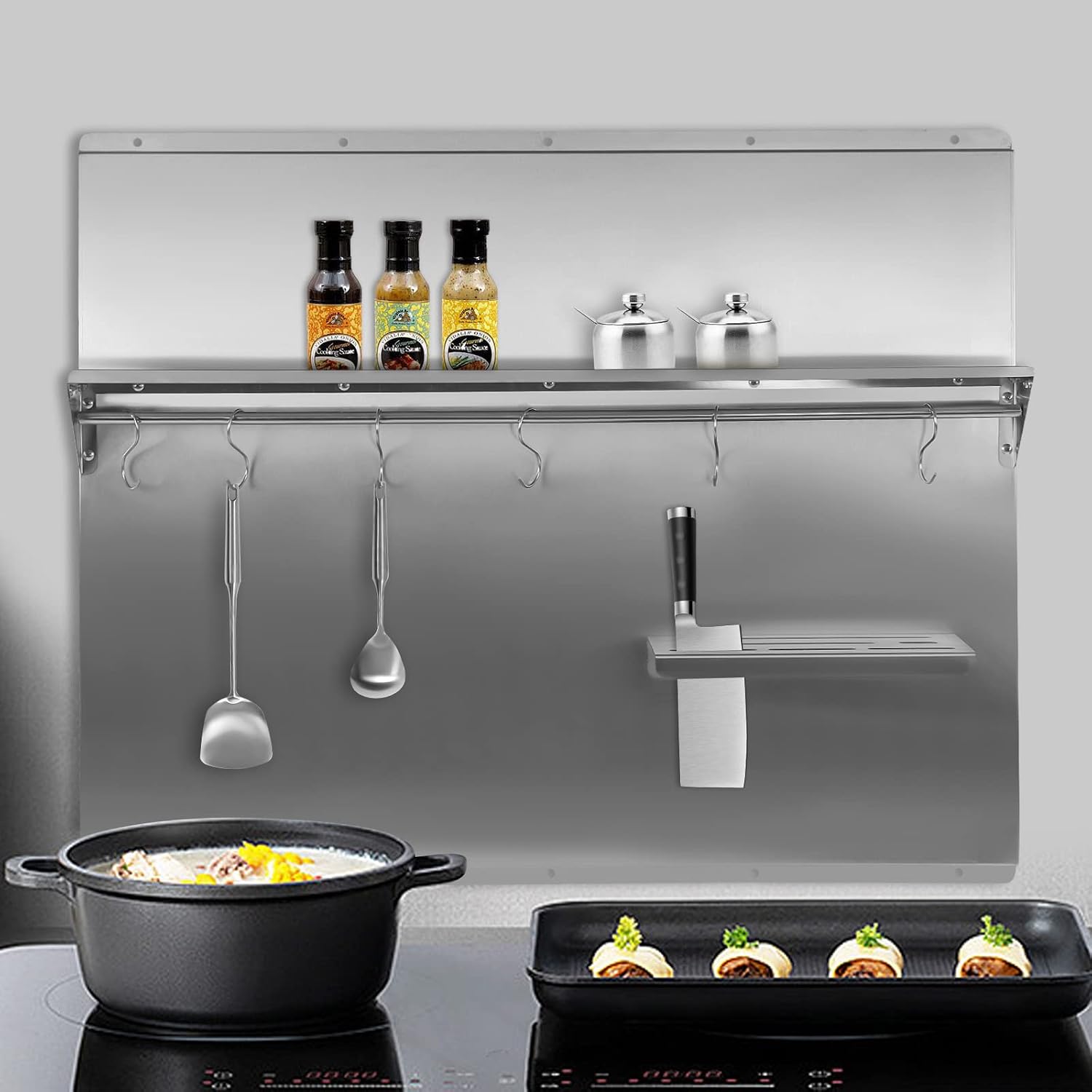 Range Backsplash, 36x 29.5 In Stainless Steel Stove Backsplash with Shelf Range Hood Wall Shield with Built-in Storage Shelf and Hanging Rack Silver Splash Plate Suitable for Any Cooking Area