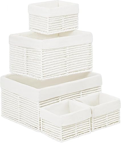 Vagusicc Cesta de almacenamiento de mimbre, cestas de mimbre de cuerda de papel tejidas a mano, cestas rectangulares de mimbre pequeñas para