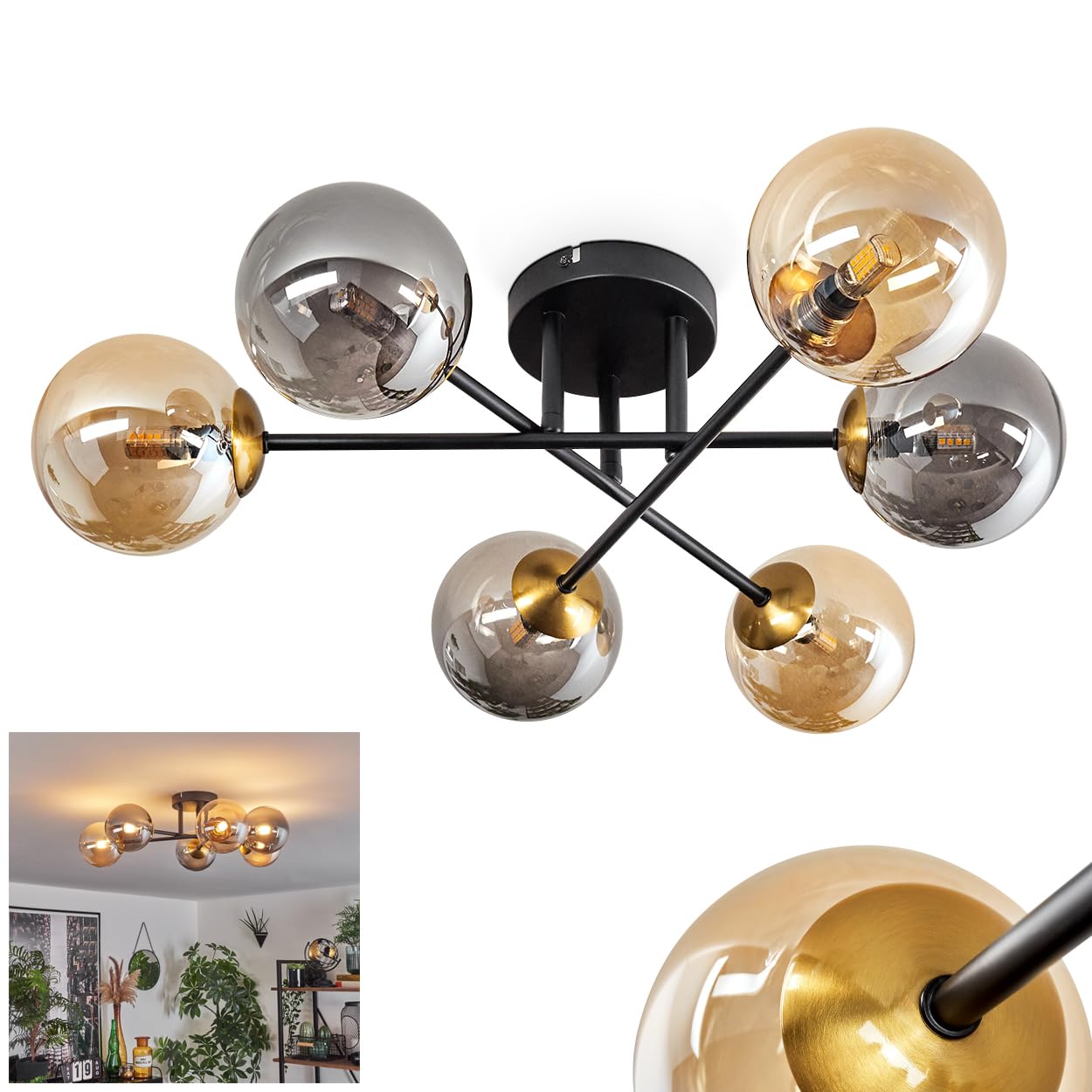 Hofstein Light/Black/Gold Chehalis Ceiling Ceiling Lamp Made Of Metal/Glass In /Gold/Amber/Smoke Colour, Luminaire In Modern Retro/Vintage Design With Glass Shades (Ø 12Cm), 6 X G9, Without Bulbs