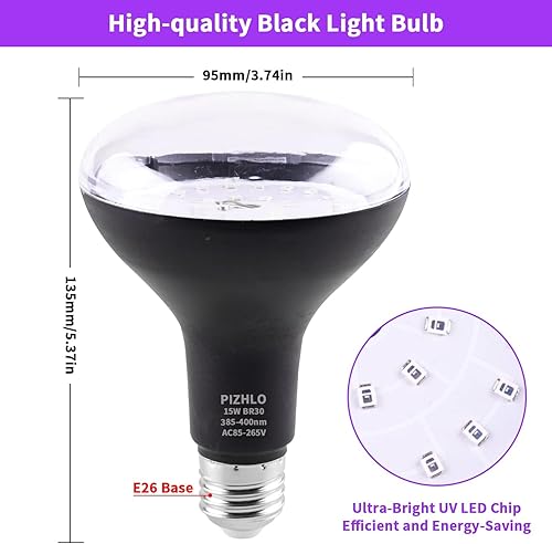 Miniatura 4 de PIZHLO 4 bombillas LED negras de 15 W, BR30 E26, carcasa negra, bombilla LED negra, 385-400 nm, brilla en la oscuridad para fiestas de luz negra,