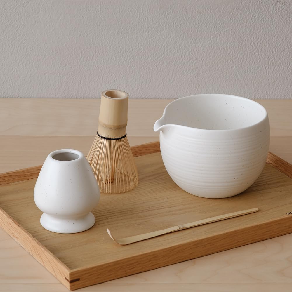Matcha Whisk Set, Ceramic Matcha Bowl & Whisk Holder, Bamboo Accessory, Modern Design (Matte Crème, Pouring Spout) (Matte White)