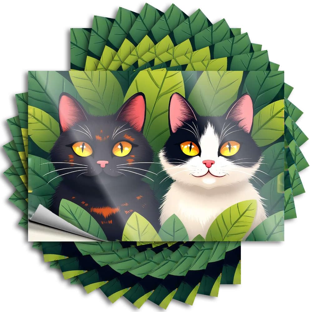 Two Cats with Striking Yellow Eyes Surrounded By Lush Green Leaves. Helmet Custom - Front Door Decorations Quote Self Adhesive Sticker(12X18CM)