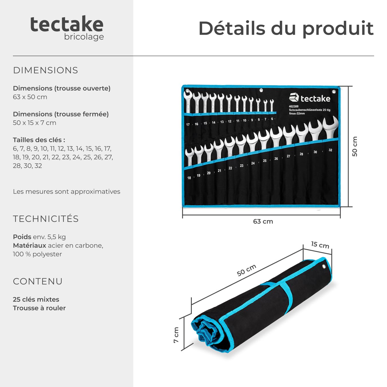 tectake® Lot 25 Clés mixtes Clés polygonales 6 à 32 mm en Acier-Carbone résistant, Jeu de clef plate Outils bricolage Outillage Outils Cle plate cle mixte, Trousse de rangement incluse, Noir/Bleu