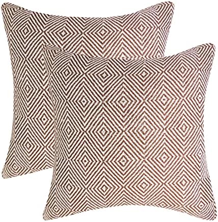 Heavenera Set of 2 Cotton Woven Throw Pillow Covers Diamond Farmhouse Home Decor Square Decorative Throw Pillow Cover (18″X18″, Brown)