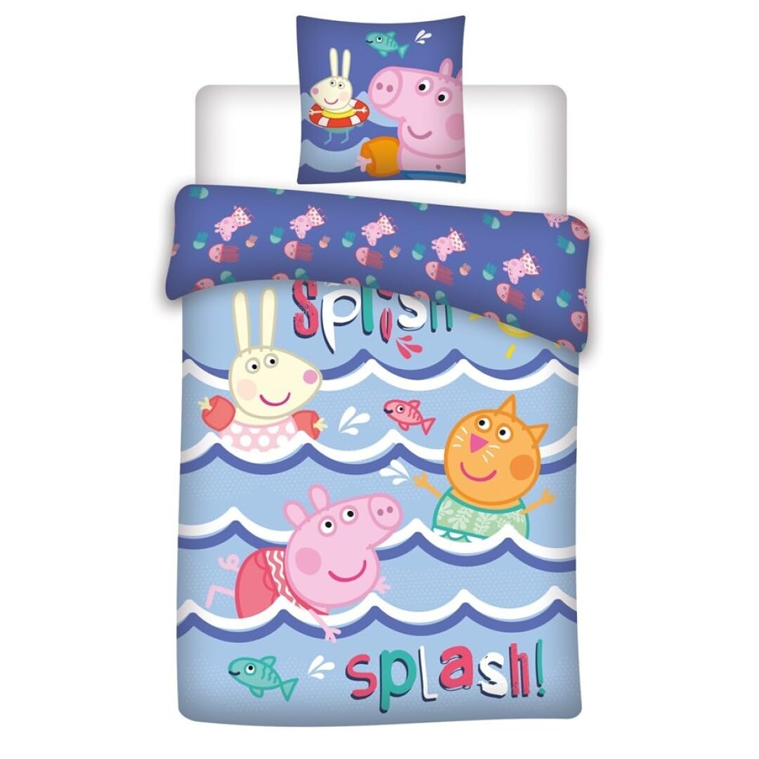 Peppa Pig Splish Splash Copripiumino Singolo 140x200 + Federa 65x65 Regalo | Set lenzuola reversibile | Misto cotone asciugatura rapida Oeko-Tex | Nickelodeon | Bambini | Regalo | Lavabile in lavatrice