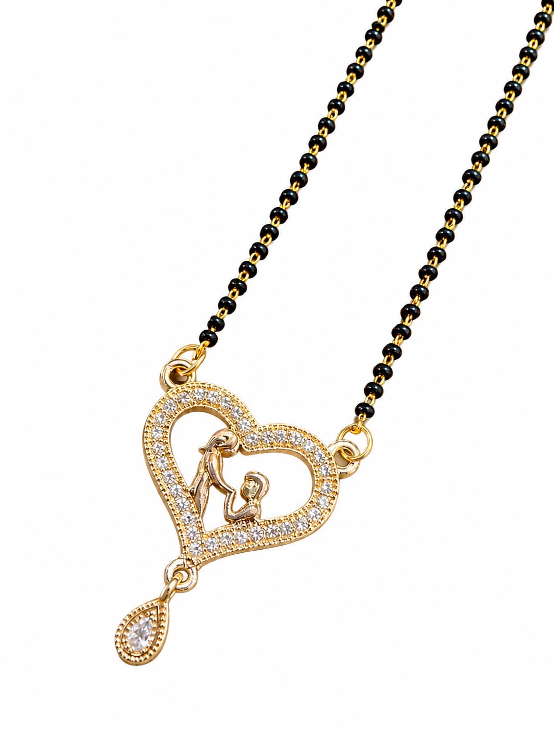 Heart Design Couple Mangalsutra Necklace for Women, Gold Plated CZ Stone Pendant with Black Beads Chain, Romantic Fashion Jewellery for Wife-image-9